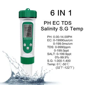 6 В 1 Измерителе PH EC TDS Соленост на S. G Temp точност ръководят Сонда За Тестване на Качеството на Водата Ацидометр за Пиене на Лабораторни Аквариум