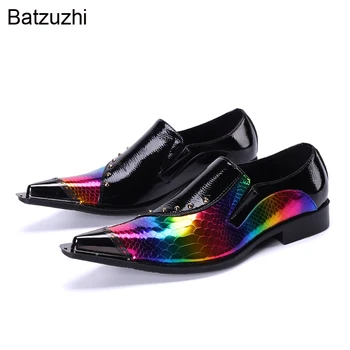 Batzuzhi/ модни дизайнерски мъжки кожени модела обувки, мъжки цветни модела кожени вечерни и булчински обувки с остър метален пръсти, EU38-46