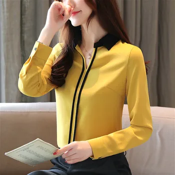 Blusas mujer de moda 2021 дамски потници и блузи, дамски блузи за жени риза с дълъг ръкав однотонная шифоновая бяла блуза с V-образно деколте 0183