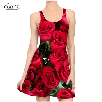 CLOOCL Най-новото Елегантна Рокля с Цвете на Червената Роза, 3D Принт, Дамски Ежедневни Летни Секси Рокли Без Ръкави, Модерно Тънката Рокля