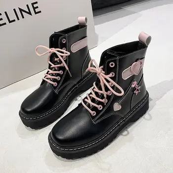 Comemore/2022 г., есенно-зимни чисто Нови обувки, Дамски Черни обувки на платформа, сладки Розови обувки в стил Лолита 