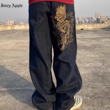 Juicy Apple, улични преки свободни дънки с бродерия в стил ретро, дамски ежедневни универсални широки панталони с висока талия, дънки