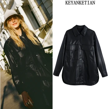 KEYANKETIAN ZA 2021 есен женско класическо черно палто от изкуствена кожа, дамски свободна елегантно яке оверсайз с дълъг ръкав
