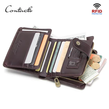 Мъжки портфейл CONTACT'S от естествена кожа RFID, кратък портфейл за монети, малък портфейл със закопчалка walet partmon, мъжки къси дамски чанти, мъжки висококачествени портфейли cuzdan
