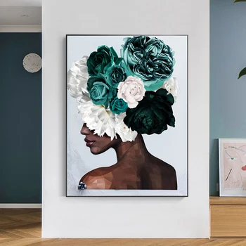 Скандинавска Стенни Живопис Африканска Жена с Бяло-Зелени Цветове Плакати и Отпечатъци върху Платно Художествени Картини за Хола Домашен интериор