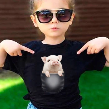 Сладко детска тениска с принтом на Малко Прасе с джобове За момичета, Черен топ в стил Kawai Харадзюку, Модерна детска Тениска с Къс Ръкав