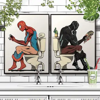 Смешни Плакати и Щампи Marvel Картина върху Платно, спайдърмен и Черна Пантера в банята Плакат за Баня Начало Декор